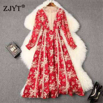 

Women Designer 2020 Spring Runway Dress Elegant Lady Long Sleeve Diamonds Lace Patchwork Retro Floral Print Casual Holiday Dress