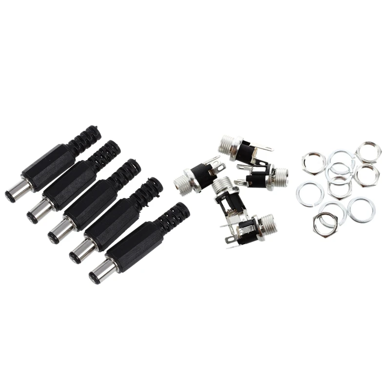 5 Pcs Black 2.1mm x 5.5mm DC Power Male Plug Jack Adapter & 5.5mmx2.1mm Socket Female Panel Mount Connector | Электроника