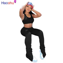 

HAOOHU women solid sleeveless crop tank tops stacked bell bottom jogger sweatpants suit two piece set sport tracksuit outfit