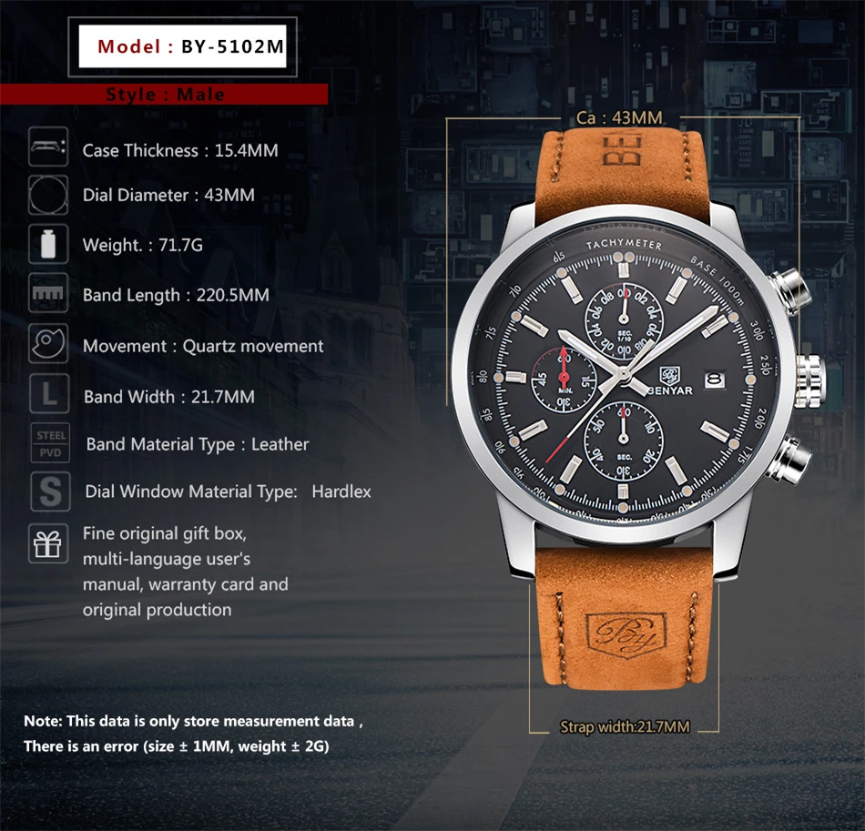 BENYAR мужские роскошные часы Топ бренд кварцевые часы с хронографом модные спортивные автоматические часы с датой военные часы Relogio Masculino