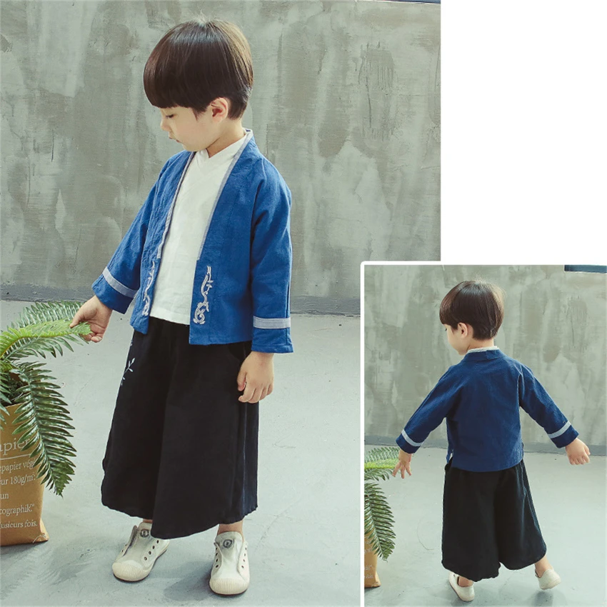 Традиционная китайская одежда для мальчиков Hanfu Детский костюм танга льняная