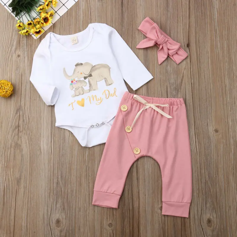 Детская одежда для малышки, Осеннее боди со слоном с длинными рукавами для новорожденных, штаны, повязка на голову, костюм из 3 предметов для детей 0-18 месяцев