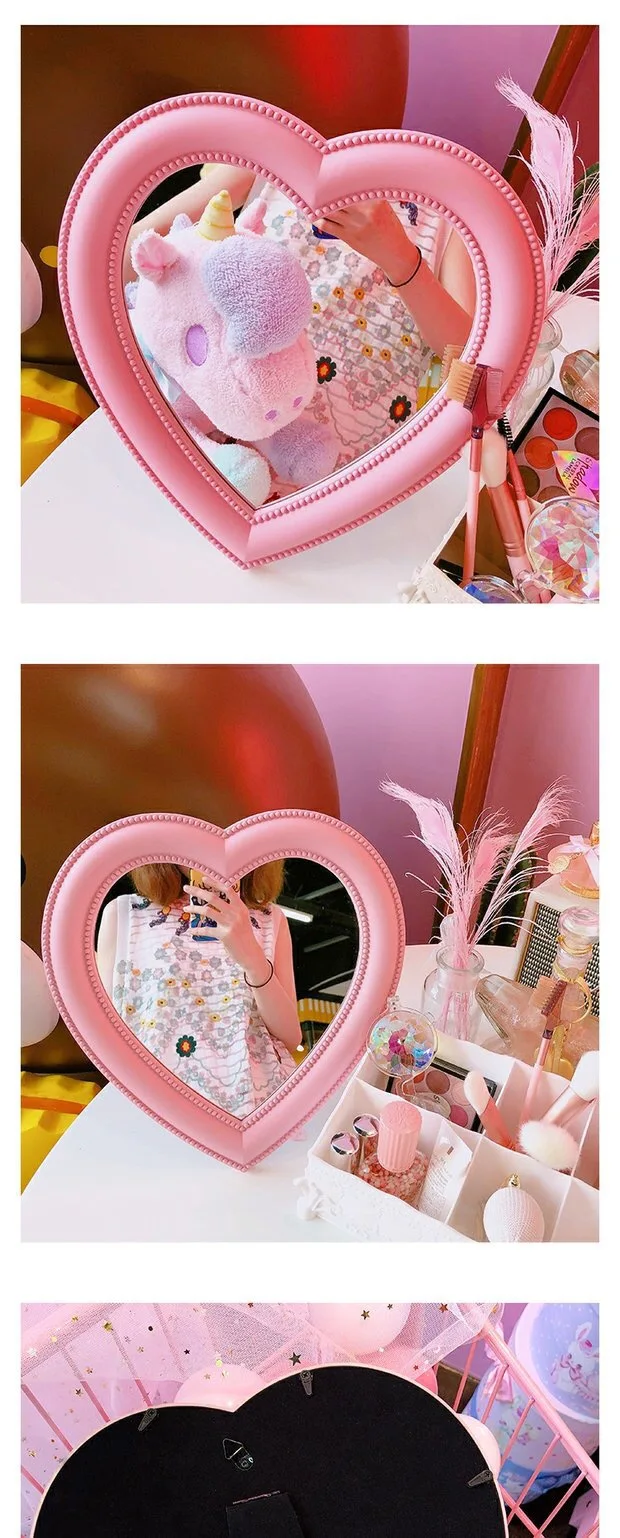 HD Cute pink Heart-shaped Dual Use Wall Mount Makeup Mirror Portable Desktop Plastic Vanity Mirror Make Up Tool