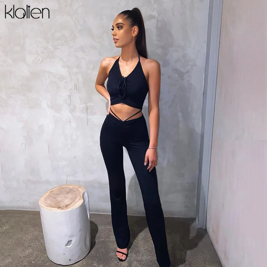 

KLALIEN fashion sexy camisole and trousers 2 piece set summer casual simple slim street office lady solid two piece set women