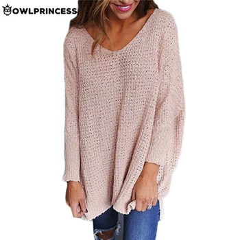 

Daily suit OWLPRINCESS New Fashionable Plus Knitted Sweater Loose Long Sleeve V Neck Pink Oversized Sweater Femme Vadim