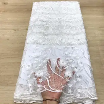 

2020 high quality French Nigerian sequins net lace,African tulle mesh sequence lace fabric for party dress 5yards/lot white