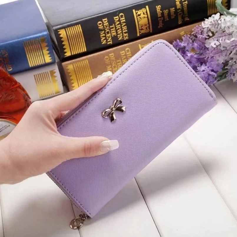 Meihuida, Модный женский бумажник с бантиком, женские цветные монеты из искусственной кожи, кошельки, клатч, держатель для карт, кошелек на молнии - Цвет: Фиолетовый