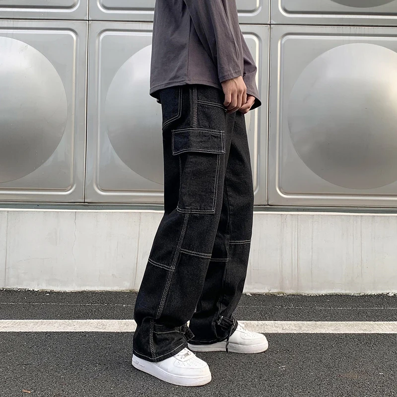 2021 Autumn Hong Kong Style Loose Wild Straight Stretch Waist Jeans Hip-hop Men's Wide-leg Street Skateboard Pants S-5XL | Мужская