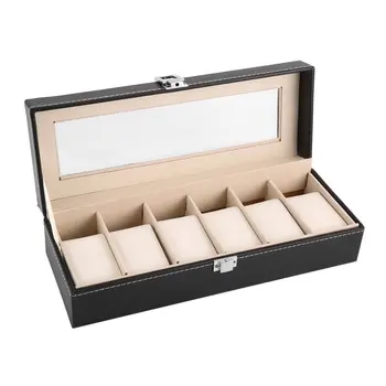 

6 Grid Black PU Leather Watch Box Refinement Slots Wrist Watches Display Case Jewelry Boxes Storage Holder
