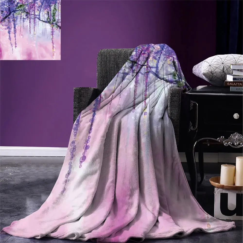 Watercolor Flower Throw Blanket Wisteria Flowers on Blurred Background with Dreamy Colors Warm for Bed Couch Purple Pale | Дом и сад