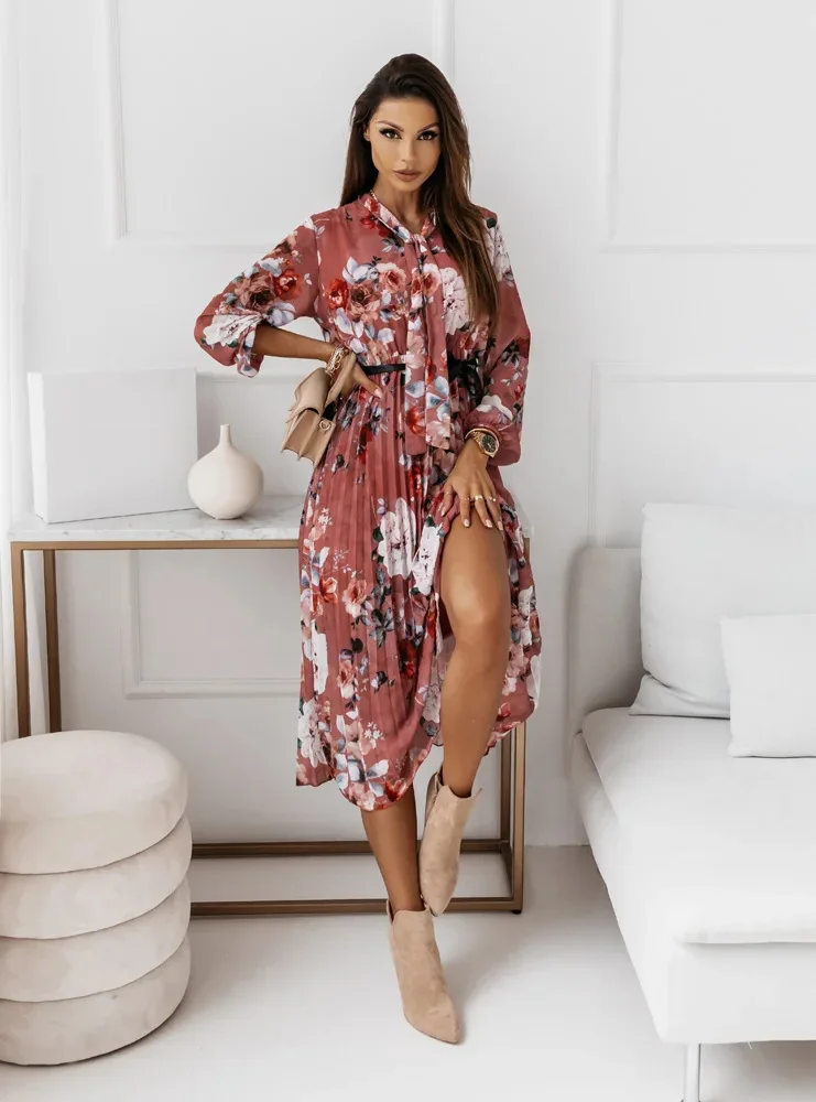 Chiffon Long Sleeve Floral Print Dress Women 2021 Autumn Casual Deep V Neck Green Pleated Office Dresses For Women Robe Femme summer dresses for women