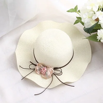 Doitbest Retail 5 colors Summer Children flower Simple Wavy large brimmed straw hat boys girls Sunscreen Beach Parent-child