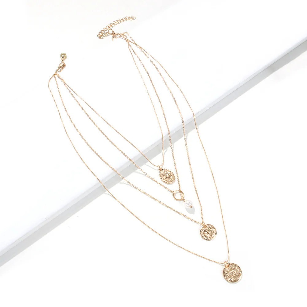 

2n6934 mei di Europe And America New Style Fashion Imitation Pearl Necklace Alloy Multilayer Circle Geometry Metal Textured Neck