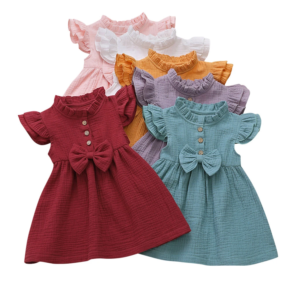 Vestido de niña para niños ropa para niños vestidos para bebés ropa de Casual princesa con volantes de lino y lazo sólido para niñas| | - AliExpress