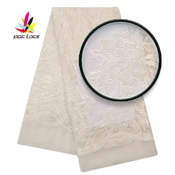 

Handmade Beading Bridal Lace Fabric African Nigerian 2019 Heavy Beaded Beige Color Sequence Embroidery Big High Quality