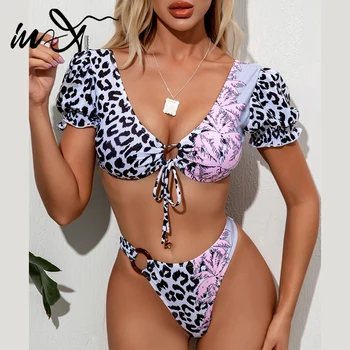 

In-X Puff sleeve bikini 2020 Sexy leopard print swimsuit women Ring swimwear women Vintage knotted swimsuit Bikini bathing suit