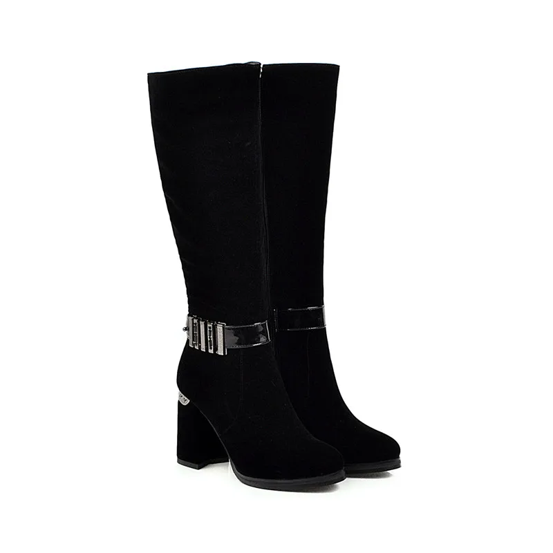 MORAZORA/; горячая распродажа; женские сапоги до колена; флоковые зимние сапоги на высоком каблуке с круглым носком; женские вечерние туфли с металлическим украшением