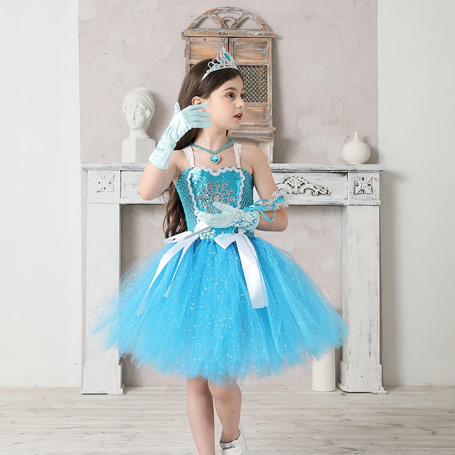 Snow Ice Princess Queen Girls Tutu Dress Glittery Sparkle Handmade Kids Halloween Party Birthday Fancy Dresses Elsa Clothes (1)