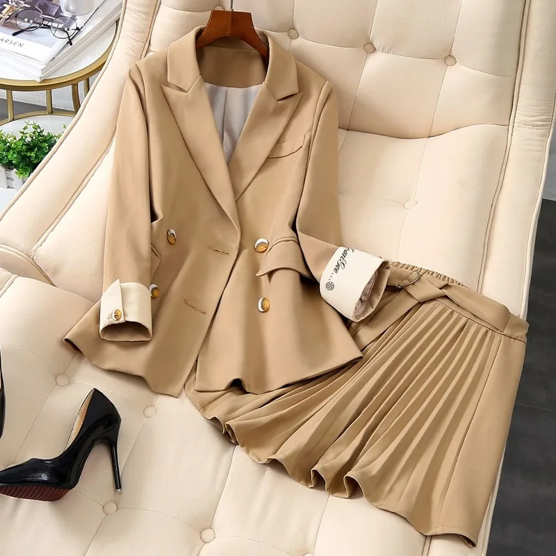 

Women's Suits Autumn Winter High-end New Slim Double-breasted Workwear Elastic Waist Temperament Skirt Set Two-piece Wild Women