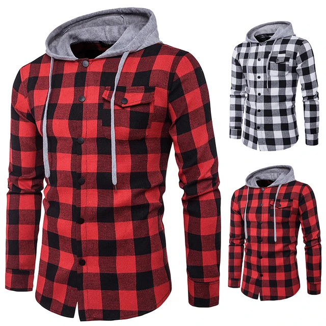 Plaid Pattern Men's Color Block Casual Long Sleeve Hooded Shirt