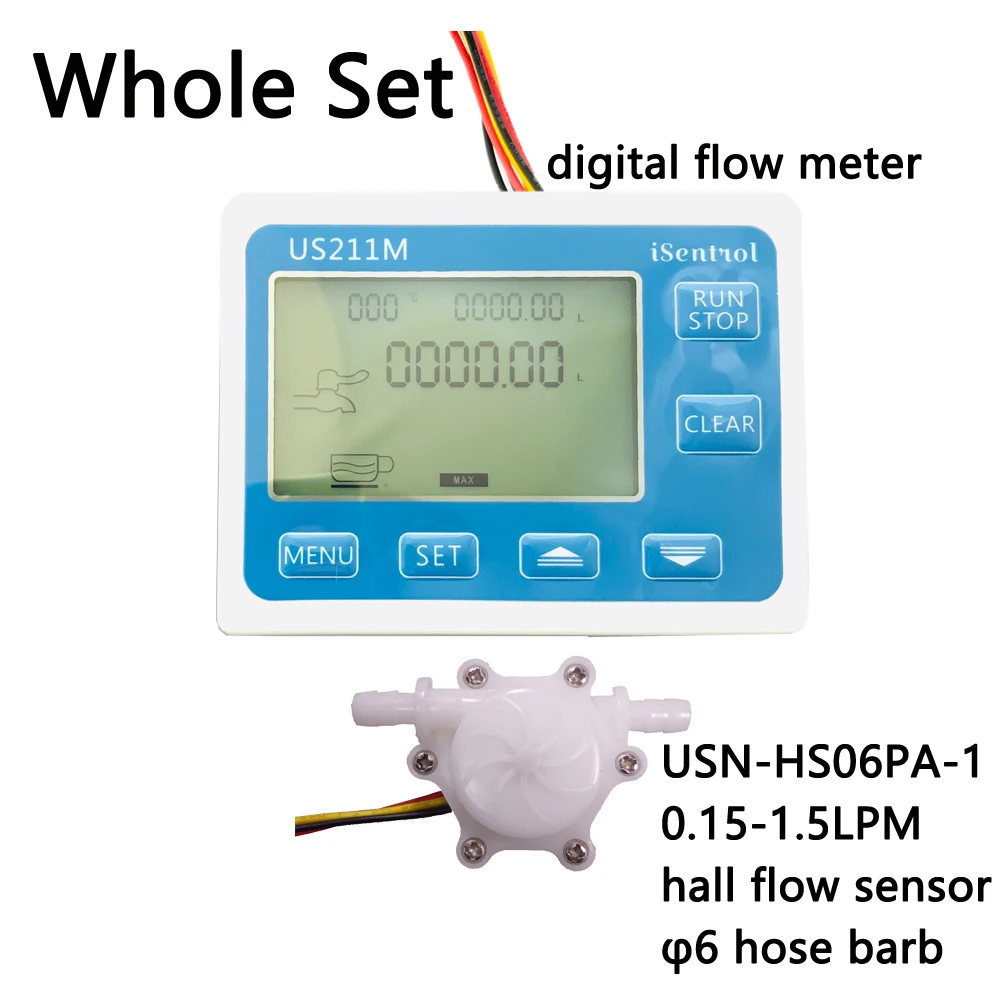 

US211M Digital flow Display with USN-HS06PA-1 Flow Sensor turbine meter Measurement 0.15-1.5L/min Range 6mm OD hose barb iSentro