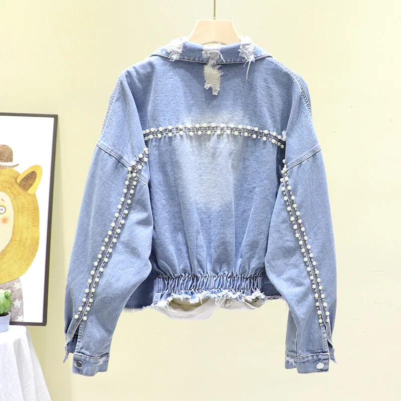 

2020 Spring Pearl Beaded Heavy Industry Diamond Burr Hole Women Denim jacket Washed Vintage Waist Casual Jean jacket Female Coat