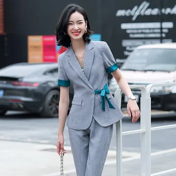 

2020 Summer Short-sleeved Small Suit Suit Pants Female Temperament Suit Thin Coat Jacket Fashion British Style Two-piece Suit