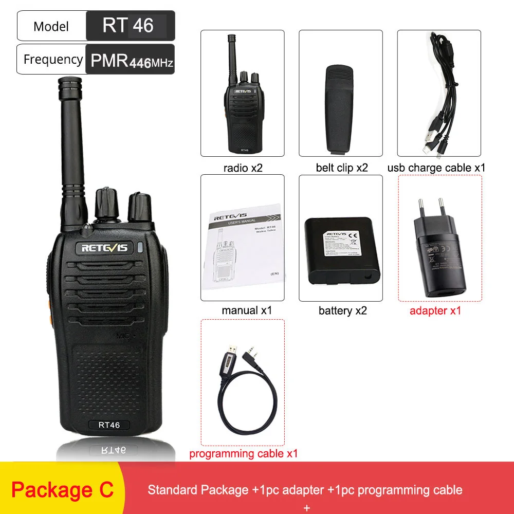 Пара RETEVIS RT46 Walkie Talkie PMR радио PMR446/FRS Портативное двухстороннее радио VOX Micro-usb зарядка Li-Ion(или AA) батарея - Цвет: Package C