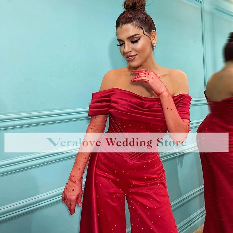 Luxurious Red Formal Women Pants Suit 2022 Satin Off Shoulder Without Sleeves Prom Party Second Reception Wear sage green prom dress
