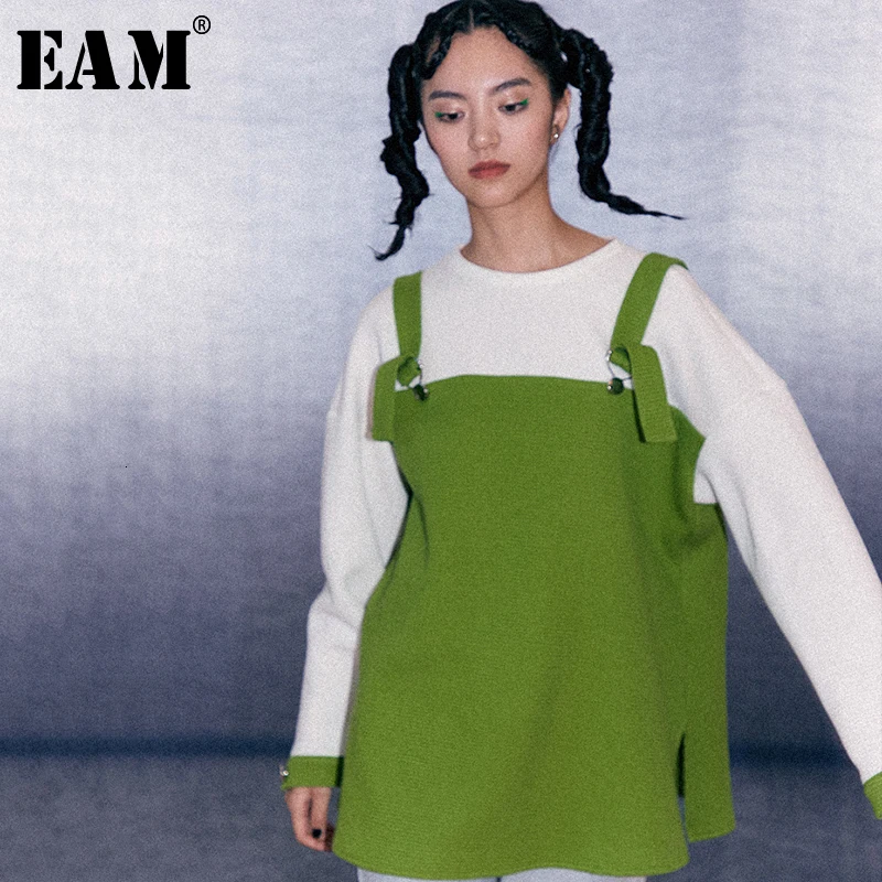 

[EAM] Loose Knitting Stitch Contrast Color Fit Sweatshirt New Round Neck Long Sleeve Women Big Size Fashion Autumn Winter 2019