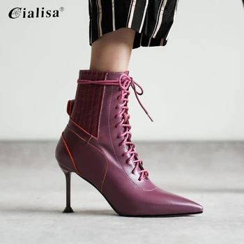 

CIALISA Women Shoes 2020 Fashion Sexy Thin Heel Ankle Boots Pointed Toe High Heel Winter Lace Up Genuine Leather Purple Boots