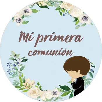 

Baptism Round Backdrop Cover Baby My First Communion God Bless Hot Air Balloon Kids Party Decor Customize Background