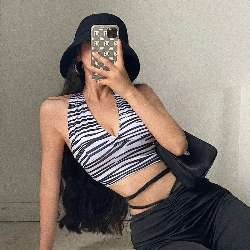 European and American style zebra pattern sexy halter vest summer v-neck tight short sleeveless top Slim slim | Женская одежда