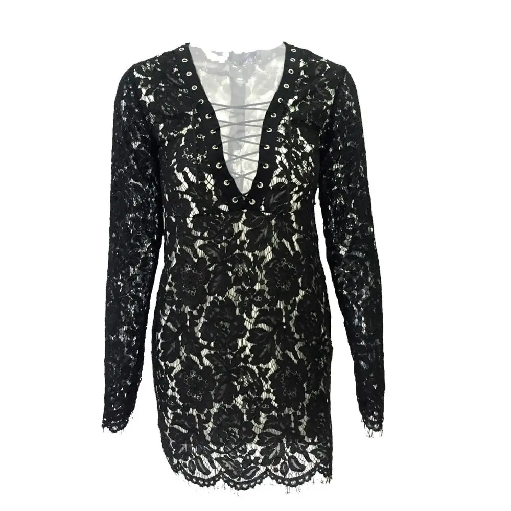 Женское Кружевное облегающее мини платье с глубоким вырезом и шнуровкой спереди
