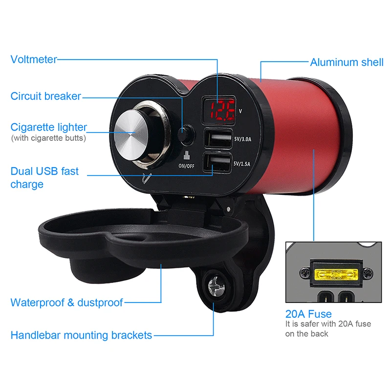 

Motorcycle Cigarette Lighter Socket Outlet Dual USB Charger LED Voltmeter Switch
