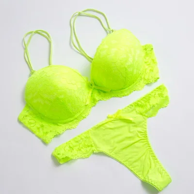 Сексуальный мусс, неоновый зеленый набор нижнего белья с крышкой, теплый хлопковый женский бюстгальтер и стринги, женский кружевной комплект, большой размер, пуш-ап бюстгальтер, трусики - Цвет: green