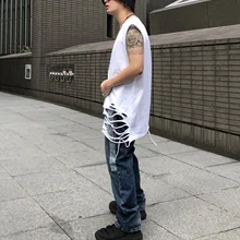 Европа и Америка Высокая уличная свободная футболка большого размера с дырками до плеч без рукавов INS вырез лодочкой жилет Base Sh