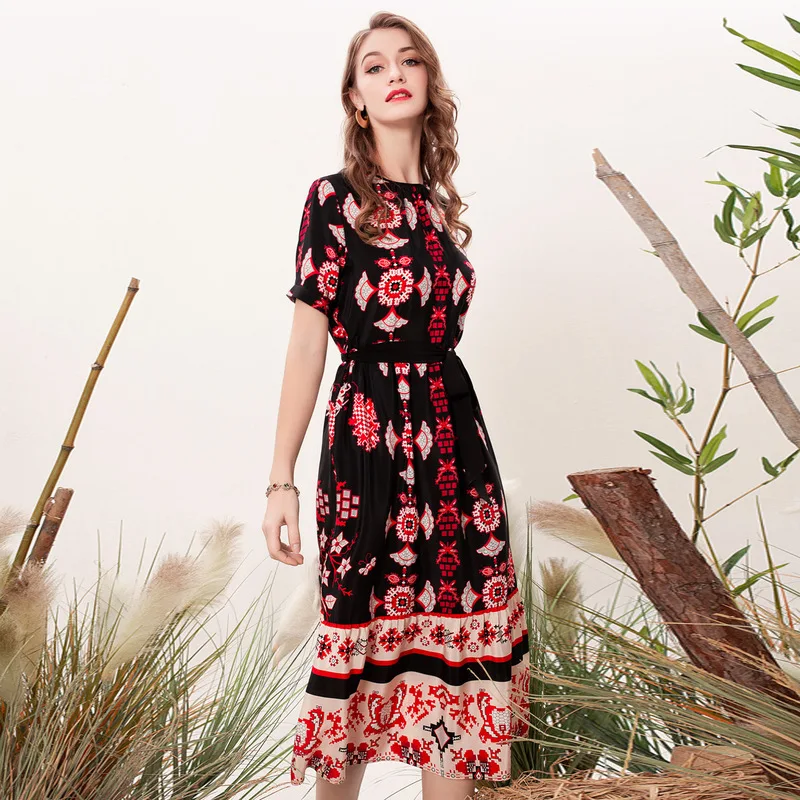 Gedrukt real zijden jurken vrouwen natuurlijke zijde 2019 hoge kwaliteit meisjes zwart rood bloemen werk retro strand jurk elegante plus size Gedrukt real zijden jurken vrouwen natuurlijke zijde 2019 hoge kwaliteit meisjes zwart rood bloemen werk retro strand jurk elegante plus size