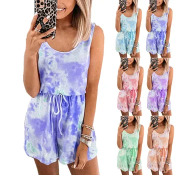 

Women's casual loose tie-dye colorful clothing set ladies short-sleeved pullover round neck top casual vest top jumpsuit shorts