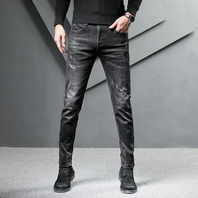 

2019 Autumn And Winter New Style Pure Cotton Classic Black Five Bags Elasticity Jeans Casual Straight-Cut Can Be Connected Shop