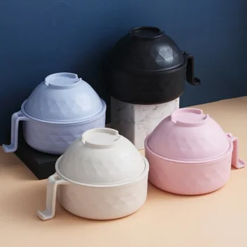 

Instant Noodle Bowls with Lid Handle Dinnerware Ceramics Soup Ramen Bowl Bring Spoon Wooden Chopstick Kitchen Tableware Set