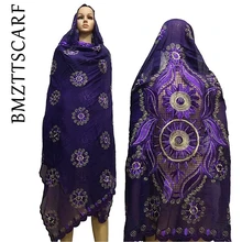 Последние африканские шарфы мусульманский женский шарф большой дизайн вышивки на спине модный дизайн фиолетовый хлопковый шарф для шали BM601