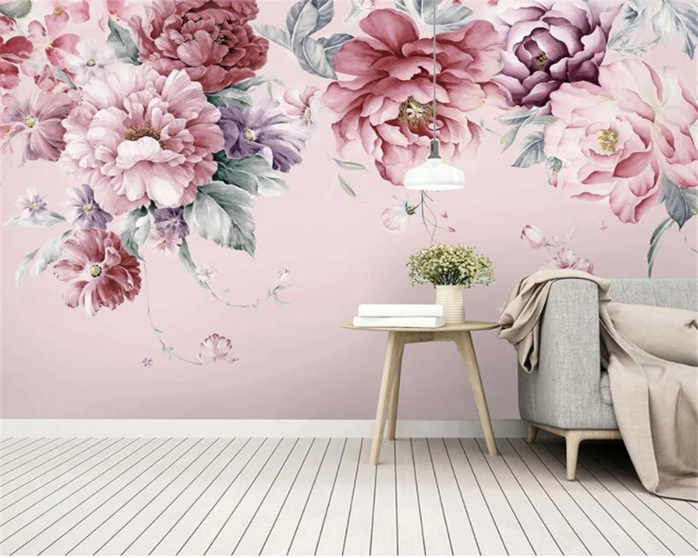 Custom 3d Wallpaper hand-painted flowers pink peony Mural home decoration self-adhesive relief material background Walls Murals