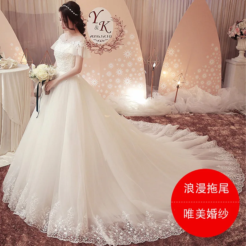 

Luxury Lace Appliques Wedding Dress Long 2019 Ball Gown Scoop White Wedding Gown For Bride Crystal Pearls Bridal Gown Robe De Ma