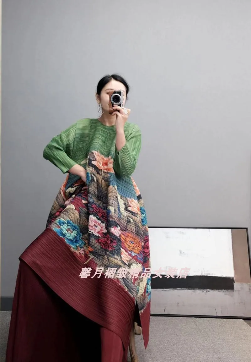 Горячая Miyake fold три четверти печати длинное платье+ Твердые широкие брюки костюм