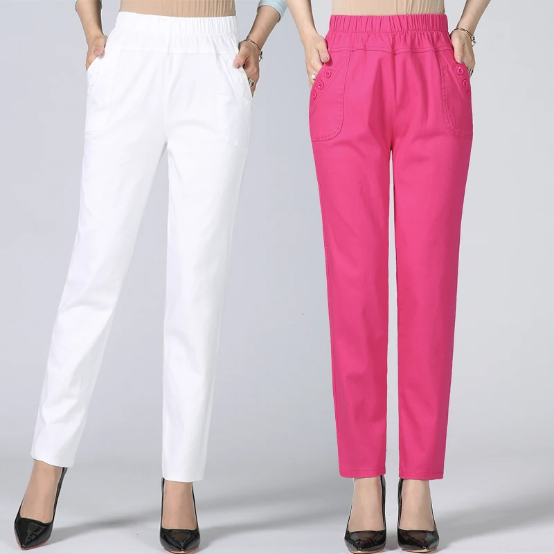 Pantalones de mujer Primavera Verano cintura elástica pantalones de algodón de mediana edad madre de gran tamaño de pantalones casuales pantalones de talla grande 5XL W1846