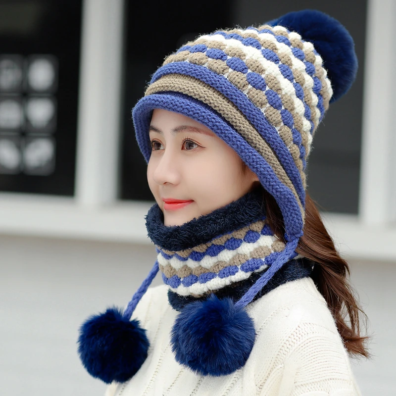 

Girls Thicken Ski Snow Cap New Fashion Fur PomPoms Winter Women Beanie Hats Female Skullies Warm scarf + Knit Hat Set