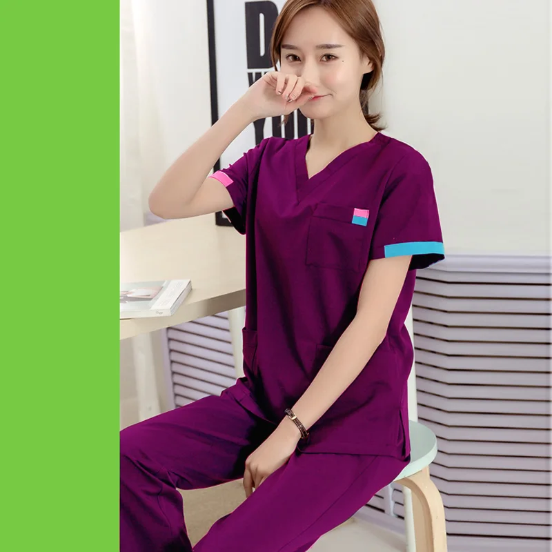 [SET] Women's Fashion Scrubs Set V Neck Contrasting Color Design Pure Cotton Top + Pants