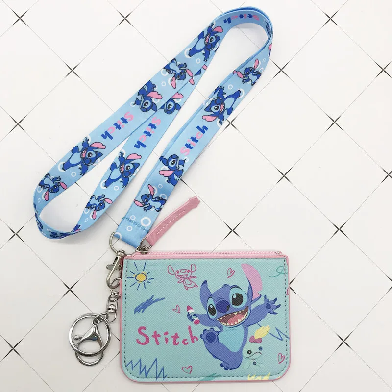Disney Stitch PU coin purse card holder keychain key lanyard meal card bus card case coin bag Mickey mouse Document card bag