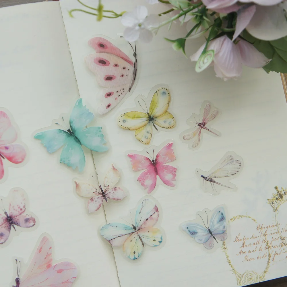 38pcs MIX Size Watercolor Pink Green Blue Butterfly Style PVC Sticker Scrapbooking DIY Gift Packing Label Decoration Tag
